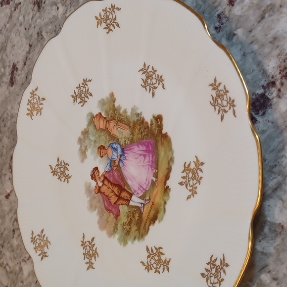 Limoges France antique mid century plate platter gold man woman courting - Picture 3 of 16